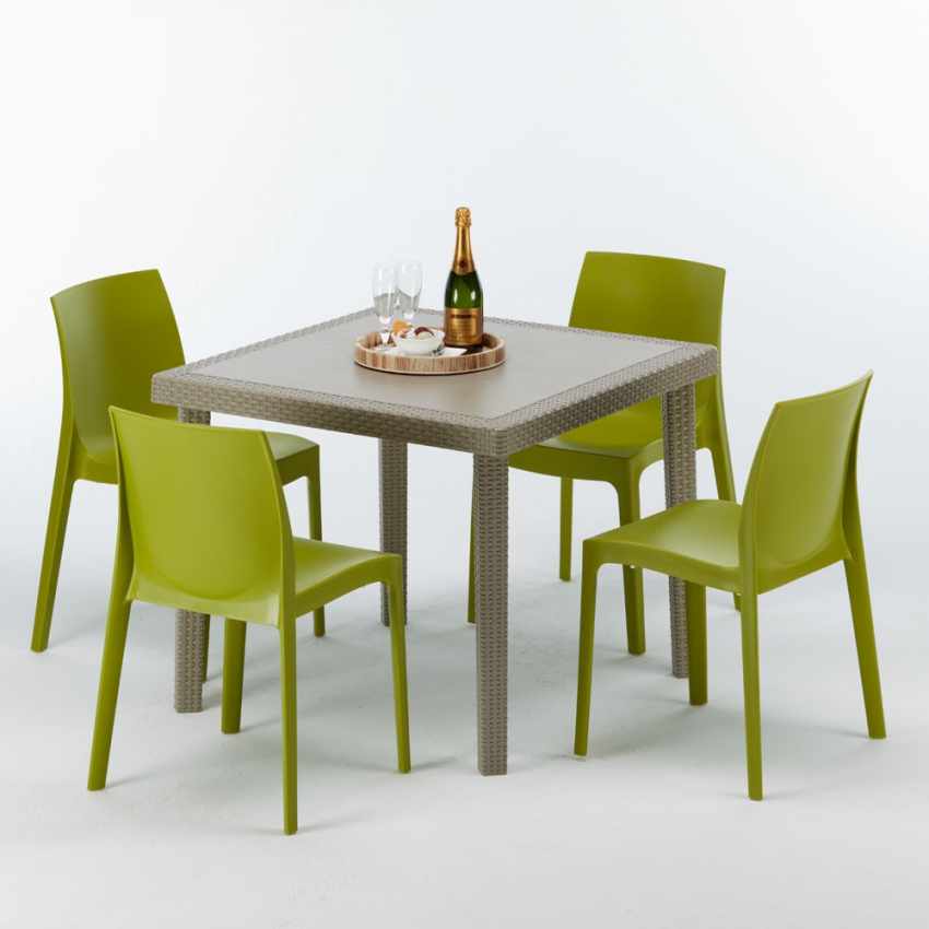 Elegance Set Made of a 90x90cm Beige Square Table and 4 Colourful Chairs 