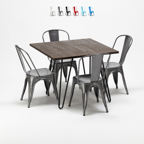 square table set with 4 metal and wood chairs industrial style pigalle Promotion