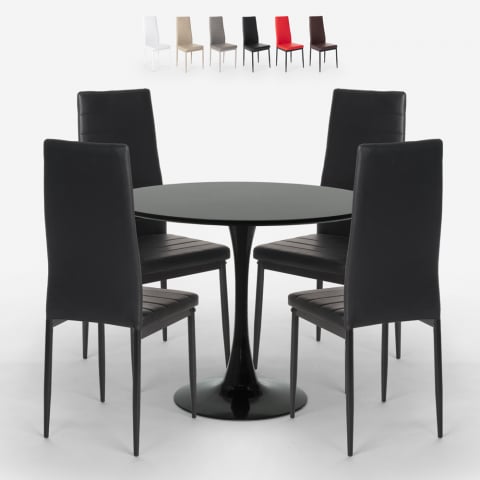 set design Tulipan round table 80cm black 4 modern leatherette chairs vogue black Promotion