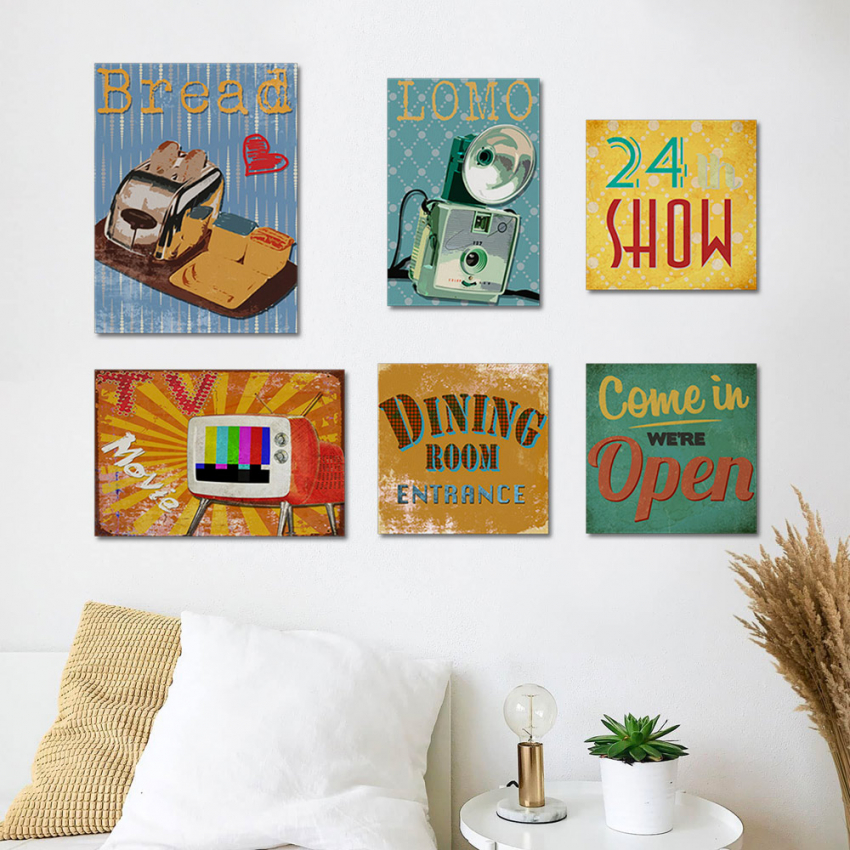 Set of 6 Retro Design Canvas Prints with Wooden Frame - Vintage Mood Posters Promotion