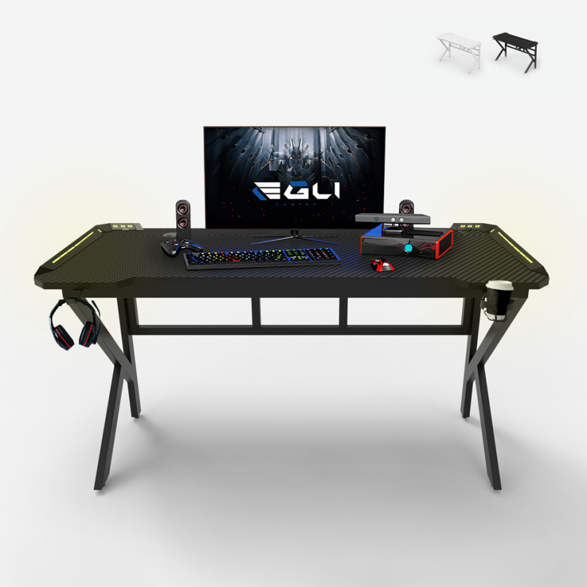 Sportbot LED 160 Ergonomic LED Gaming Desk 160x60cm Carbon Fiber with Headphone and Beverage Holder Model