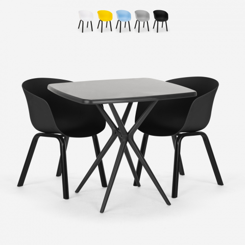 Set 2 chairs design black square table 70x70cm modern Navan Black Promotion