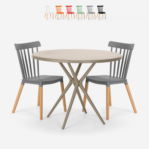 Design round beige table set 80cm 2 chairs Eskil Promotion