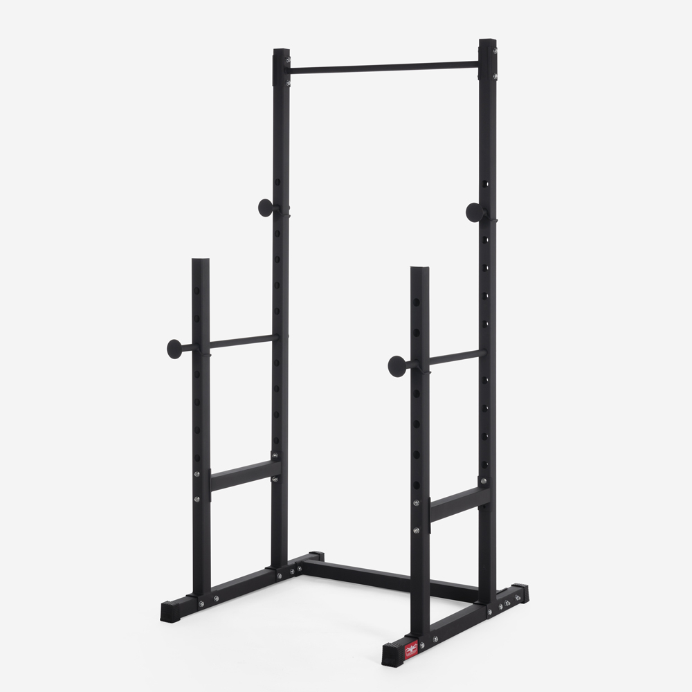 Adjustable barbell squat rack with Stavas cross training pull-up bar
