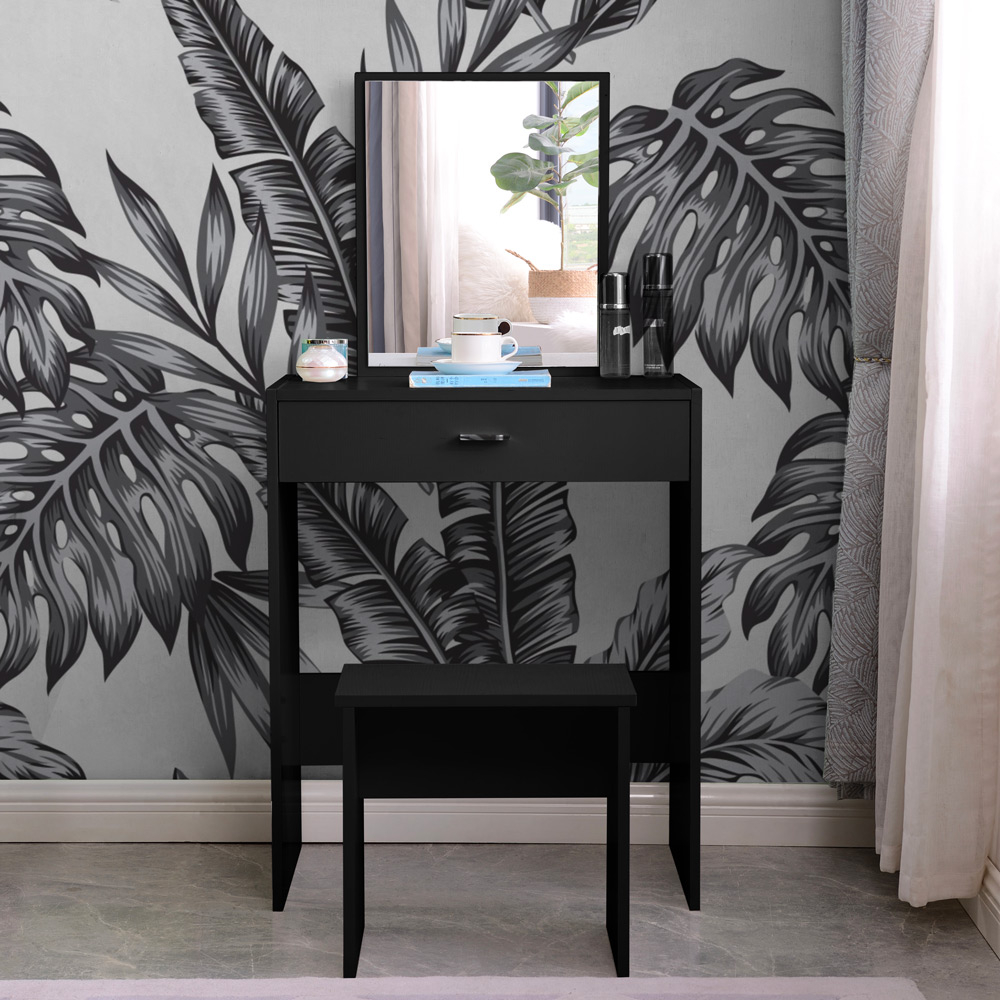 Dalila Black Bedroom Vanity with Mirror and Drawer