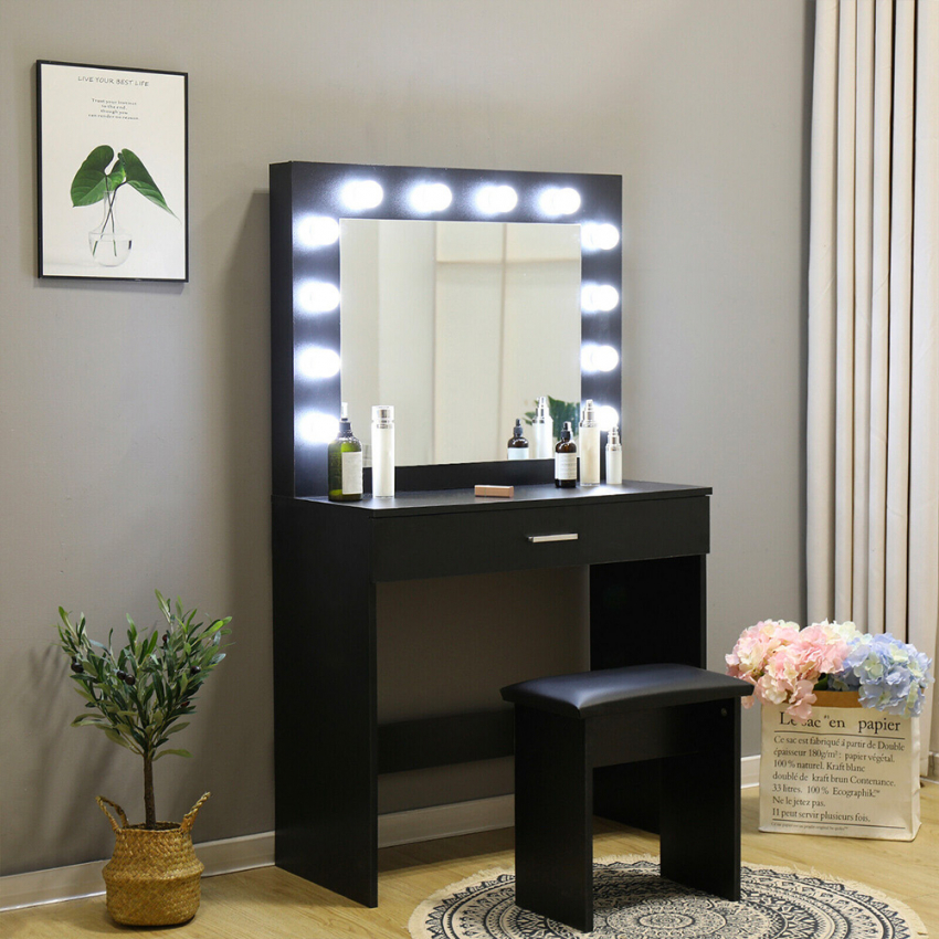 Gaia Black Makeup Vanity with LED Bulbs, Mirror, and Stool Promotion