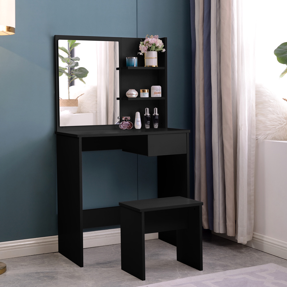 Mayca Black Makeup Vanity with Mirror, Drawer, and Stool