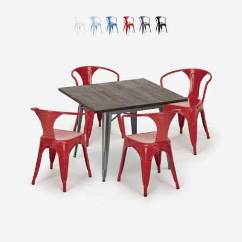 Set industrial design table 80x80cm 4 chairs tolix style kitchen bar Hustle Promotion
