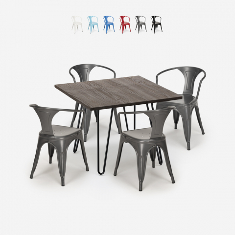set 4 chairs Lix style table 80x80cm industrial design bar kitchen reims dark Promotion