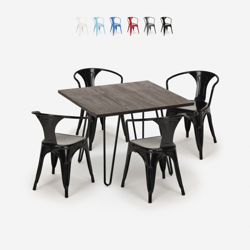 set 4 chairs Lix style table 80x80cm industrial design bar kitchen reims dark Discounts