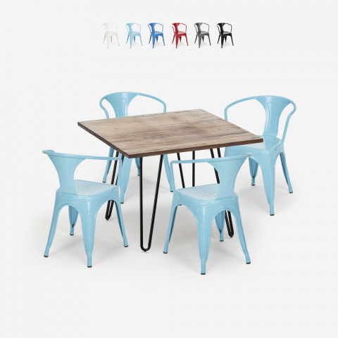 Set industrial design table 80x80cm 4 chairs tolix style kitchen bar Reims Promotion