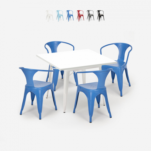 Set 4 chairs tolix table steel white 80x80cm industrial Century White Promotion