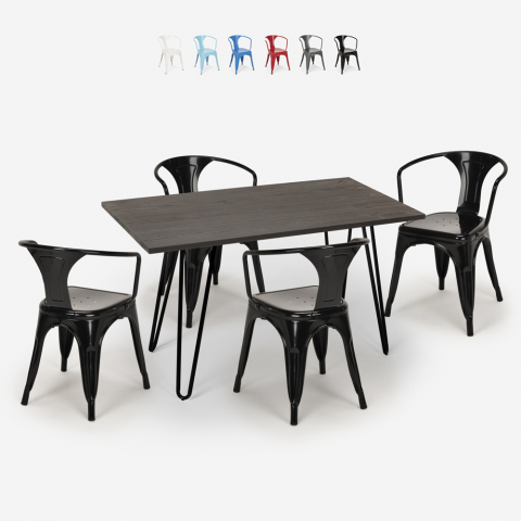 Set kitchen restaurant wooden table 120x60cm 4 chairs industrial style tolix Wismar Promotion