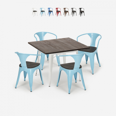 industrial kitchen table set 80x80cm 4 chairs Lix wood metal hustle wood white Promotion