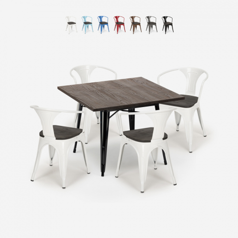 industrial set kitchen table 80x80cm 4 chairs wood metal hustle wood black Promotion