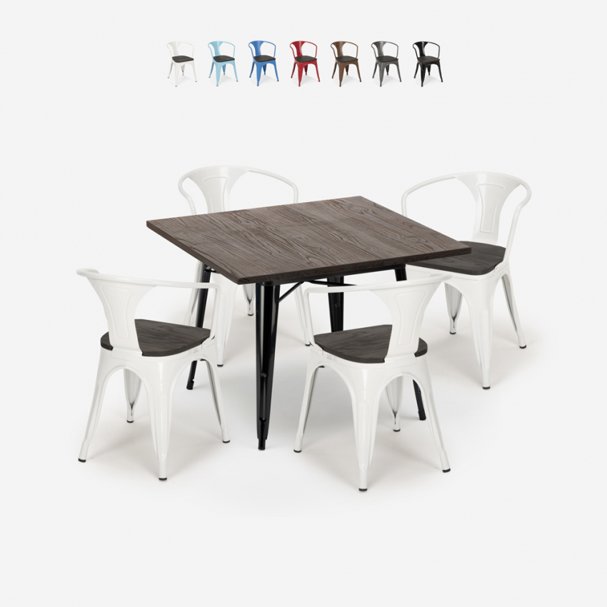 industrial set kitchen table 80x80cm 4 chairs wood metal hustle wood black Promotion