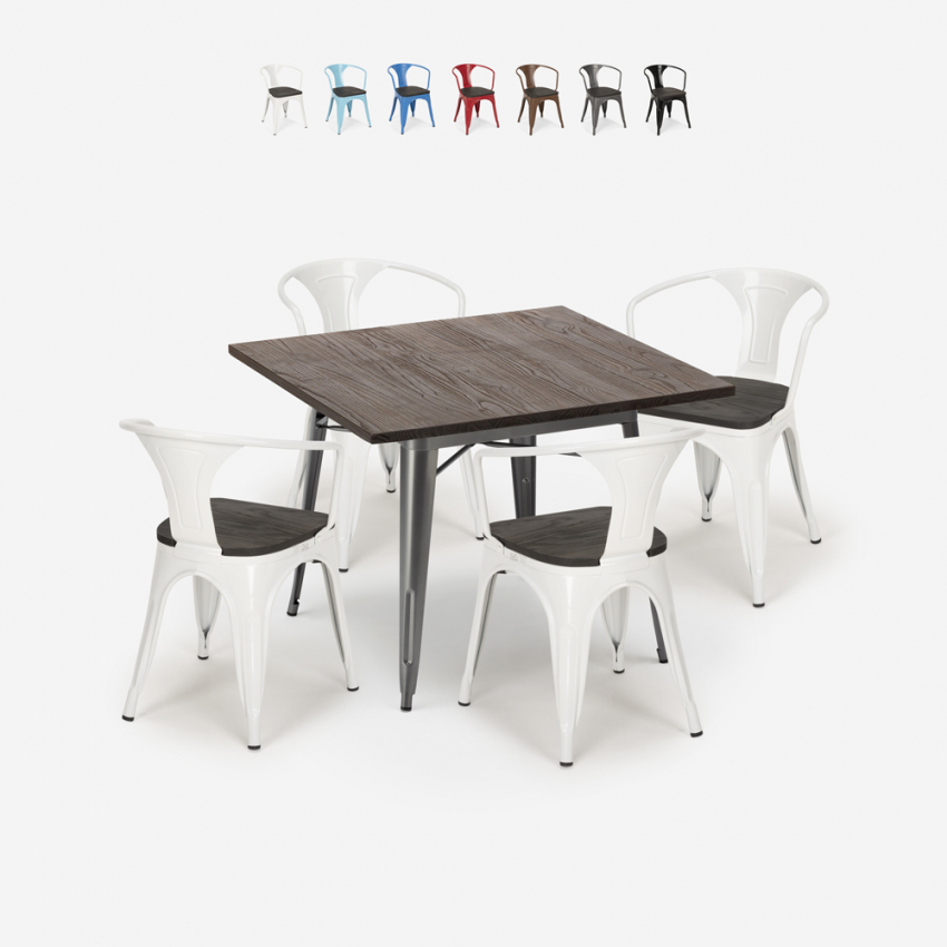 industrial kitchen set industrial table 80x80cm 4 chairs wood metal hustle wood Offers