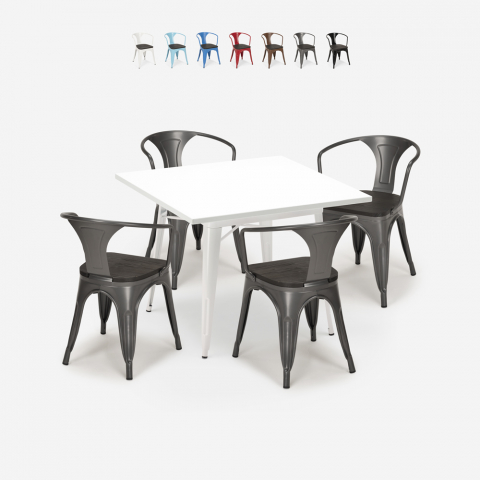 white industrial table set 80x80cm 4 chairs Lix wood century wood white Promotion