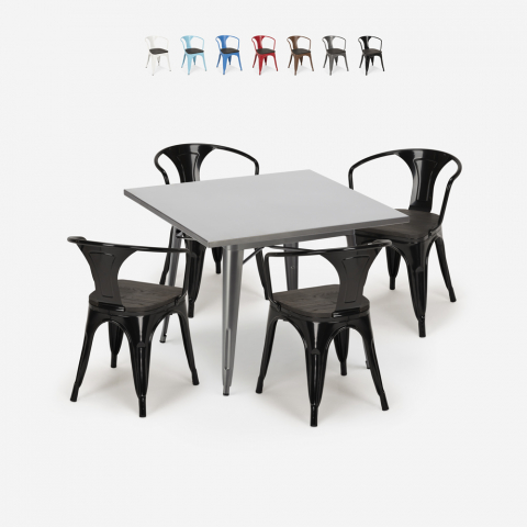industrial kitchen set industrial table 80x80cm 4 chairs metal century wood Promotion
