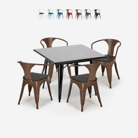 black table set 80x80cm 4 chairs industrial style century wood black Promotion