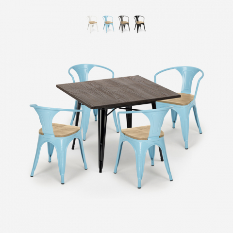 industrial set wood table 80x80cm 4 chairs Lix metal hustle black top light Promotion