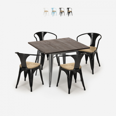 Kitchen table set 80x80cm 4 chairs tolix wood industrial Hustle Top Light Promotion