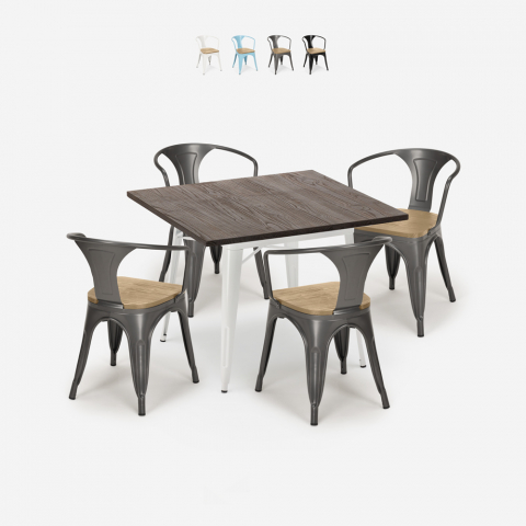Industrial kitchen table set 80x80cm 4 chairs tolix style wood Hustle White Top Light Promotion