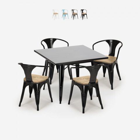 black metal kitchen table set 80x80cm 4 chairs Lix century black top light Promotion