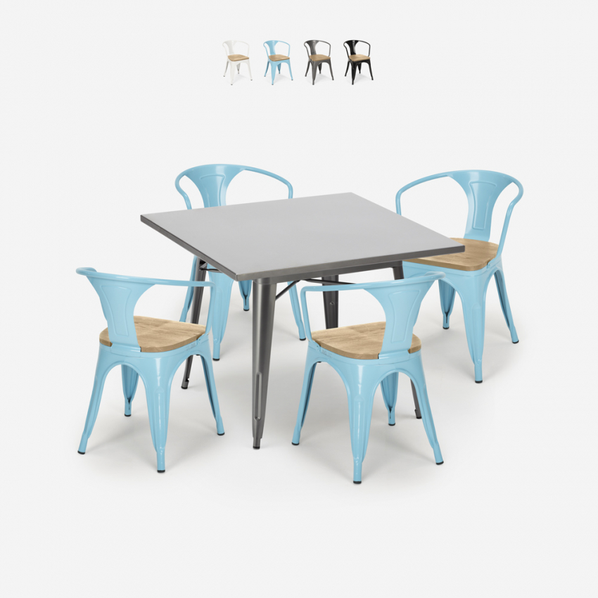 industrial table set 80x80cm 4 chairs wood metal century top light On Sale