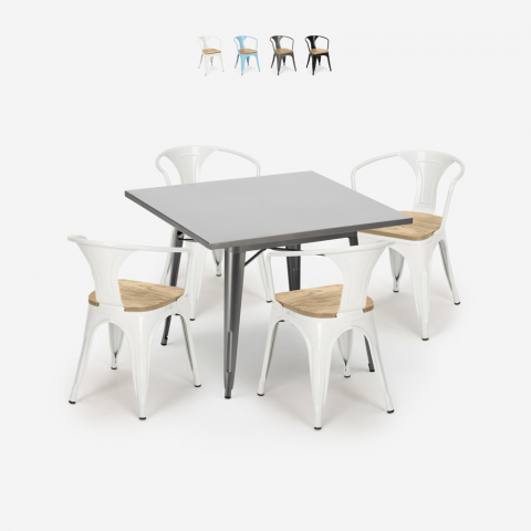 industrial table set 80x80cm 4 chairs Lix wood metal century top light Promotion