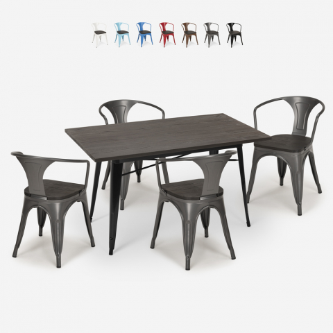 Set 4 chairs tolix wood table 120x60cm industrial dining room Caster Wood Promotion