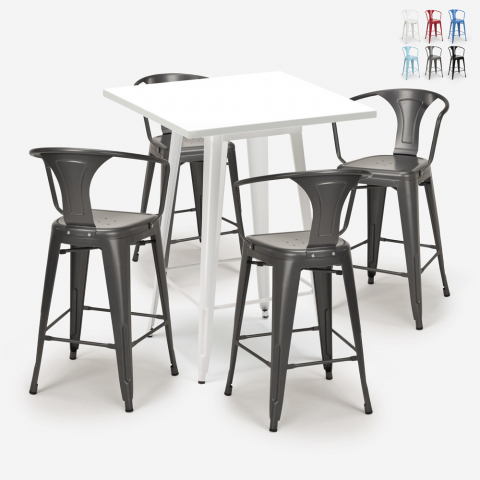 bar set kitchen table 60x60cm white metal 4 stools bucket white Promotion