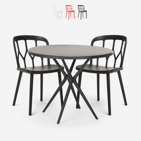Kento Dark black 80cm round table set 2 polypropylene chairs Promotion