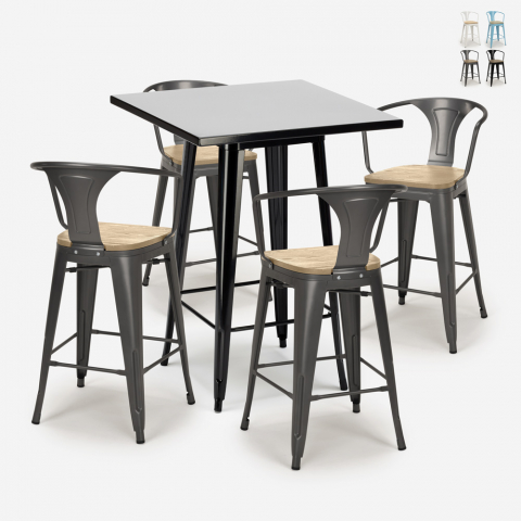 industrial 60x60cm black coffee table set 4 stools bucket black top light Promotion