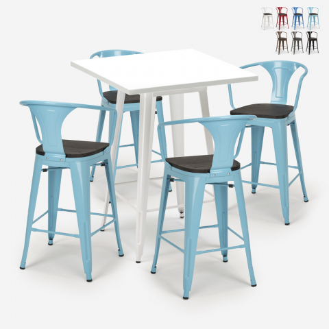 set of 4 stools high metal table 60x60cm bucket wood white Promotion