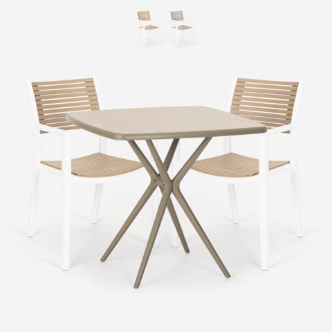 Set 2 beige square table chairs 70x70cm polypropylene outdoor Clue Promotion