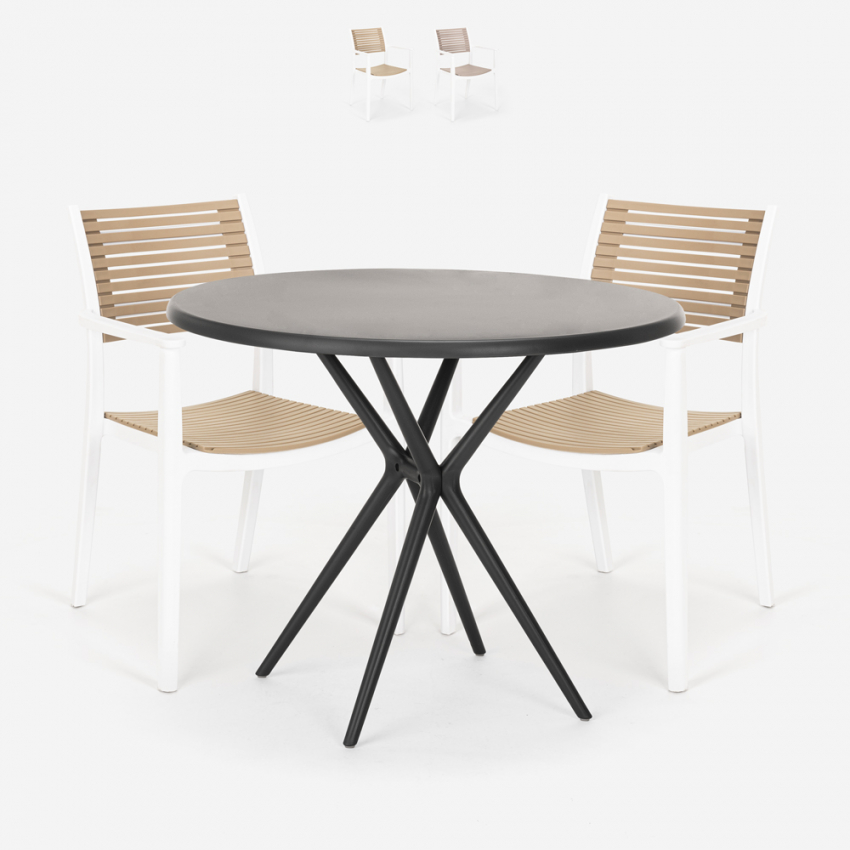 Set of 2 Modern Design Chairs with 80cm Round Black Table Fisher Dark Promotion