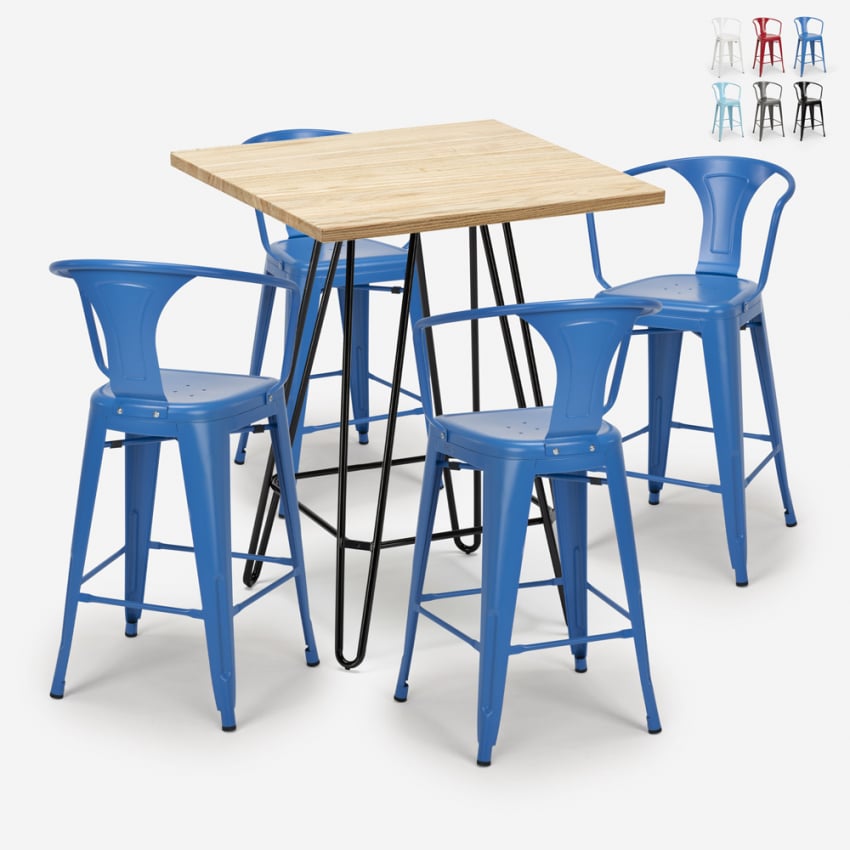 set bar kitchen 4 stools industrial wood coffee table 60x60cm mason Sale
