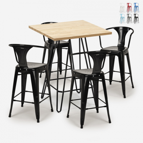 Set bar kitchen 4 stools tolix industrial wood coffee table 60x60cm Mason Promotion