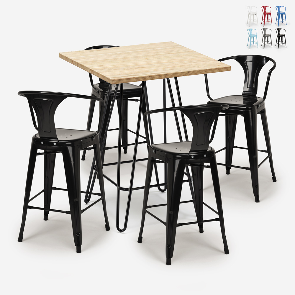 Industrial Kitchen Bar Set with 4 Stools and 60x60cm Wooden Table, Mason