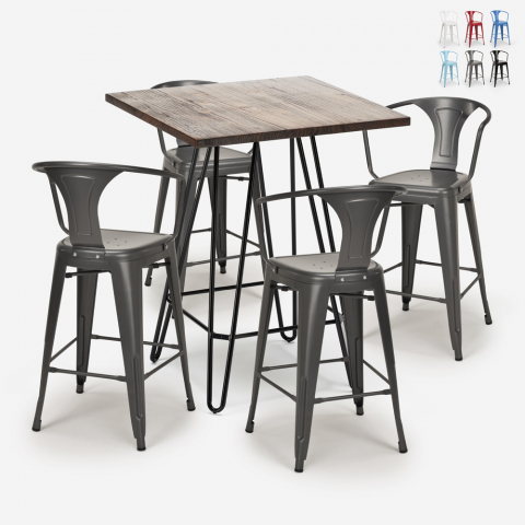 kitchen bar set industrial wood coffee table 60x60cm 4 stools Lix mason noix Promotion