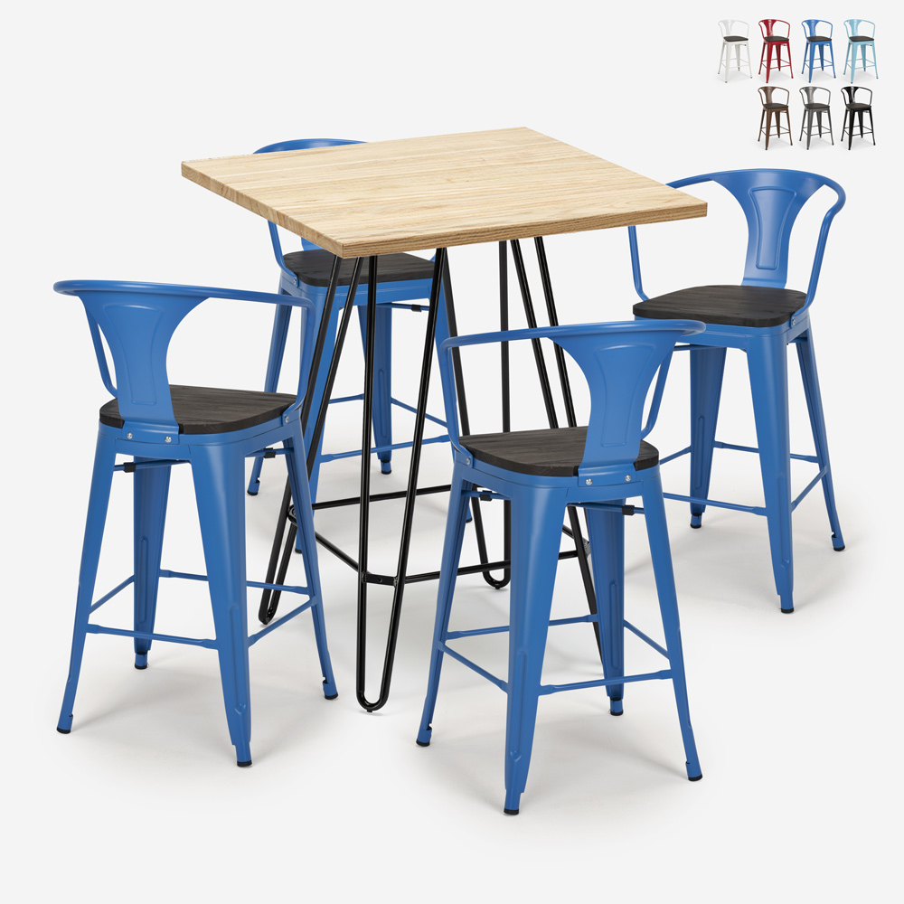 Set of 4 Industrial Stools with Wood Metal Table 60x60cm Mason Wood