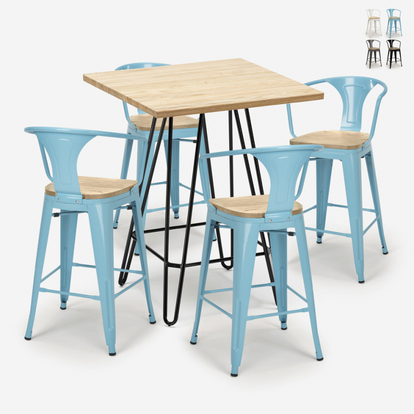 set bar kitchen high table 60x60cm 4 stools mason top light Sale