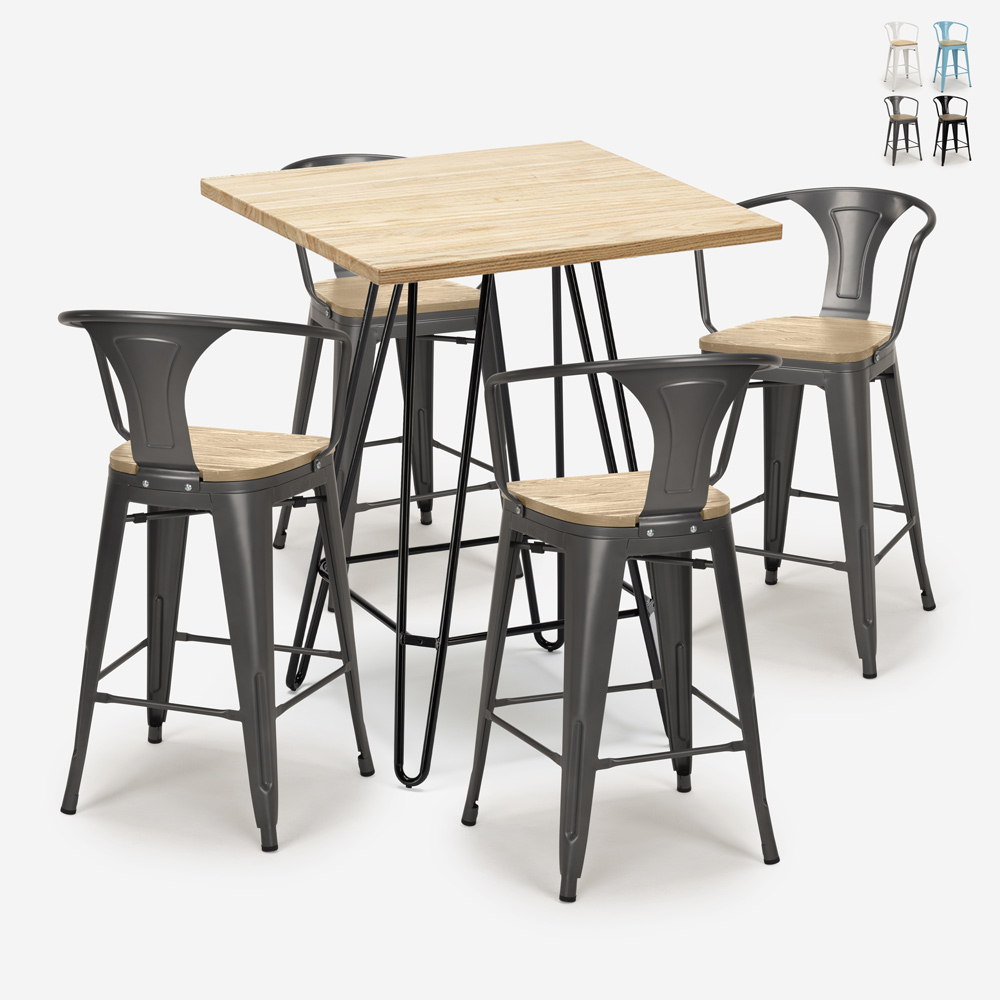 Kitchen Bar Set, High Table 60x60cm with 4 Mason Top Light Stools
