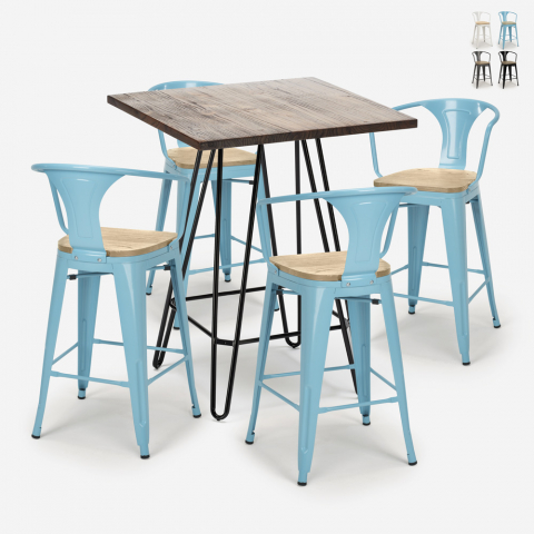 set bar kitchen 4 stools high table 60x60cm mason noix top light Promotion
