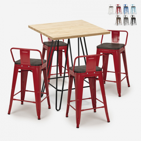 set 4 Lix stools industrial high table wood metal 60x60cm mason steel top Promotion