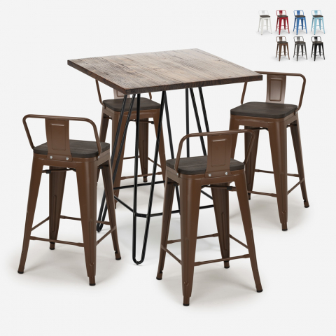 wooden metal coffee table set 60x60cm 4 stools mason noix steel top Promotion