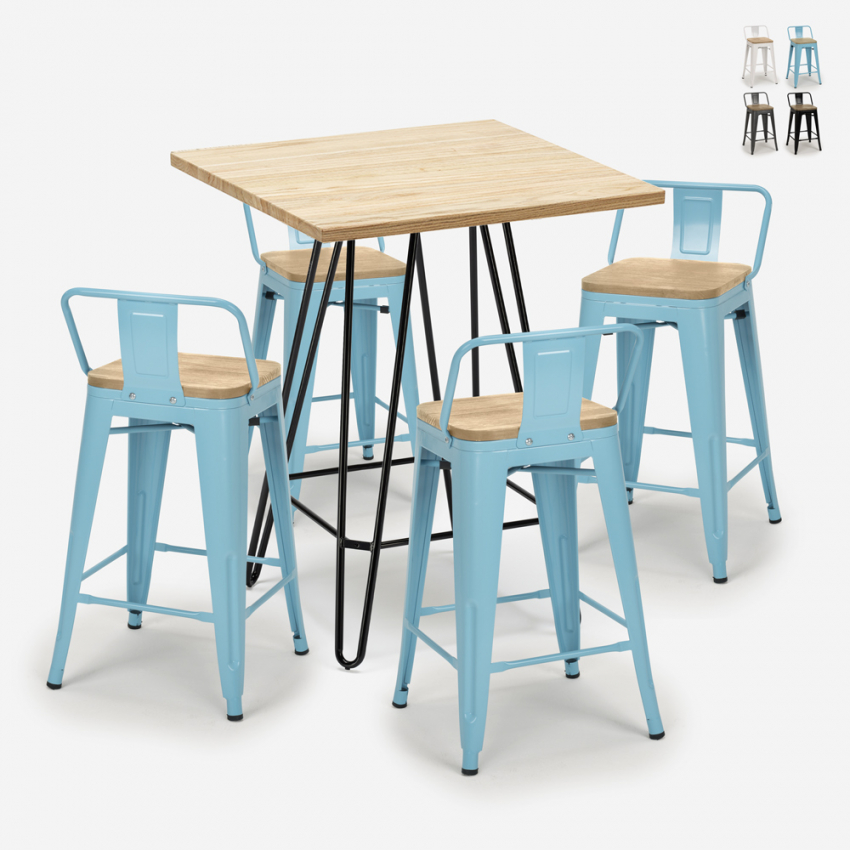 industrial bar set 4 stools coffee table 60x60cm mason steel top light Offers