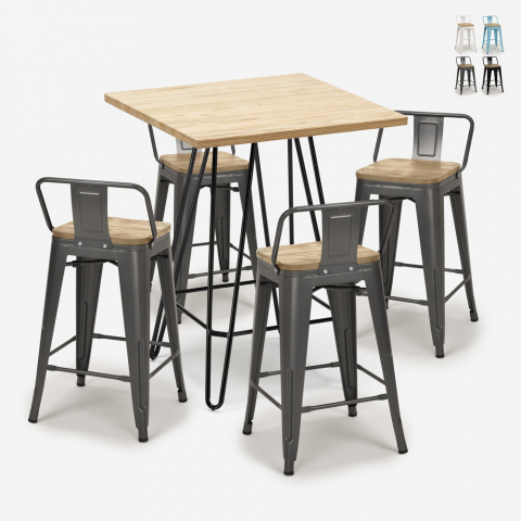 industrial bar set 4 stools coffee table 60x60cm mason steel top light Promotion