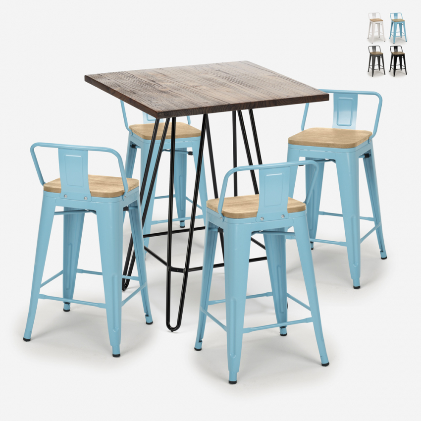 set 4 stools industrial coffee table 60x60cm mason noix steel top light On Sale